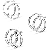 Set of 3 Pairs LeCalla 925 Sterling Silver Classic Italian Click-Top Hoop Earrings for Women