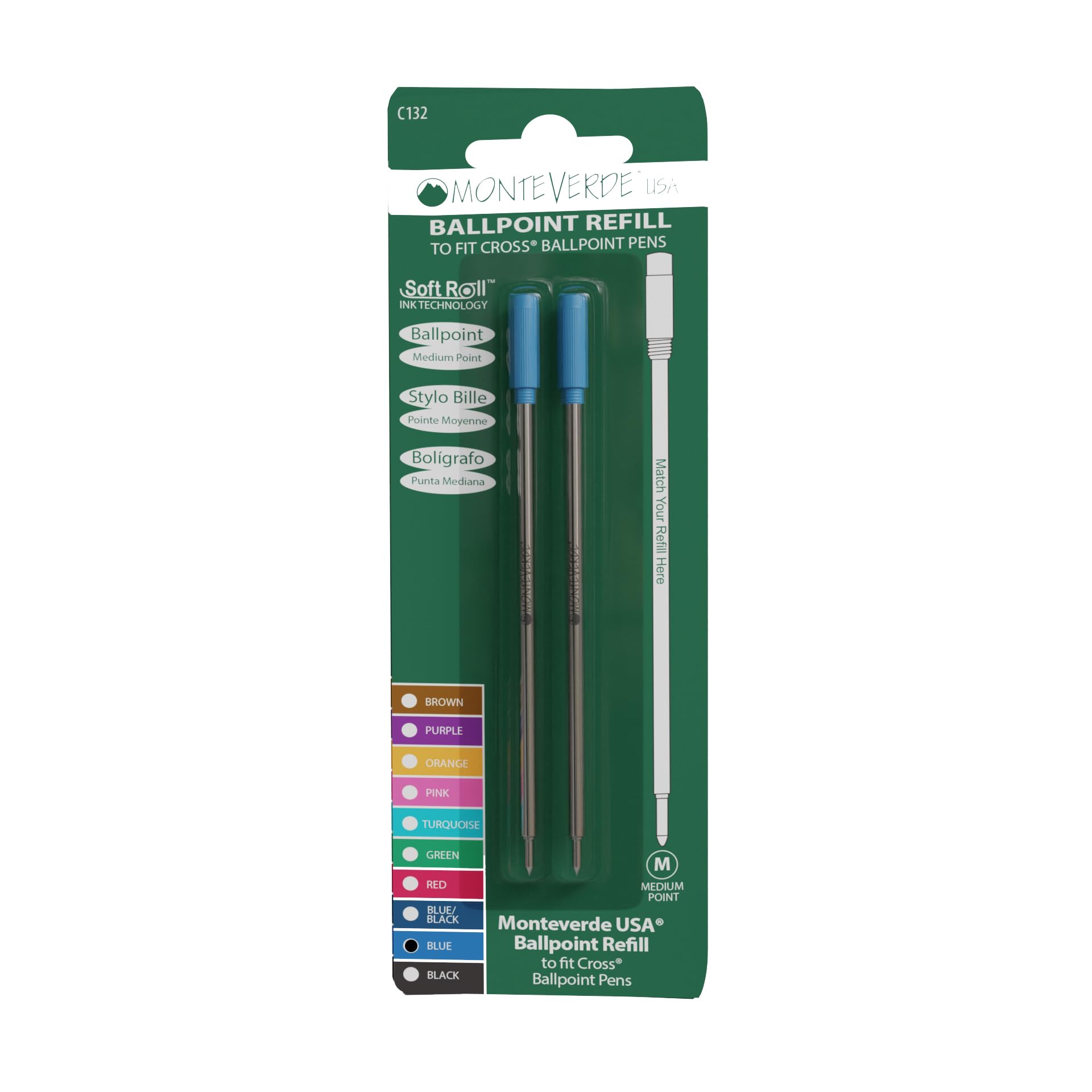 Monteverde Medium Ballpoint Soft Roll Refill for Cross Pens - Blue (Pack of 2)