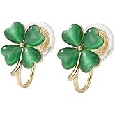 925 Silver Plated St. Patrick's Day Shamrock Clip on Earrings, Cat's Eye Stone Green Heart Four Leaf Clover Earrings for Women Non Pierced Lucky Trendy Clover Studs Jewelry Accessories Ear Cuffs