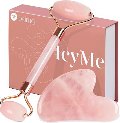 BAIMEI Gua Sha & Jade Roller Rose Quartz Facial Massager Gift Set