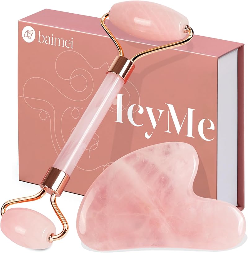 BAIMEI Gua Sha & Jade Roller Rose Quartz Facial Massager Gift Set