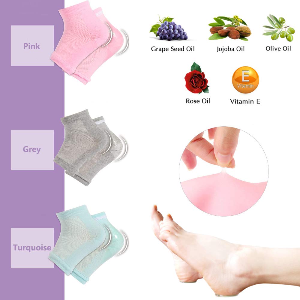 Moisturizing Socks, 3 Pairs-Moisturizing/Gel Heel Socks for Dry Cracked Heels, Open Toe Socks, Ventilate Gel Spa Socks to Heal and Treat Dry, Gel Lining Infused with Vitamins (Pink, Turquoise, Grey) : Beauty