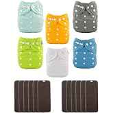 ALVABABY Baby Cloth Diaper 6 Pack with 12 Inserts One Size Cloth Diaper Covers Adjustable Washable Reusable for Baby Girls and Boys