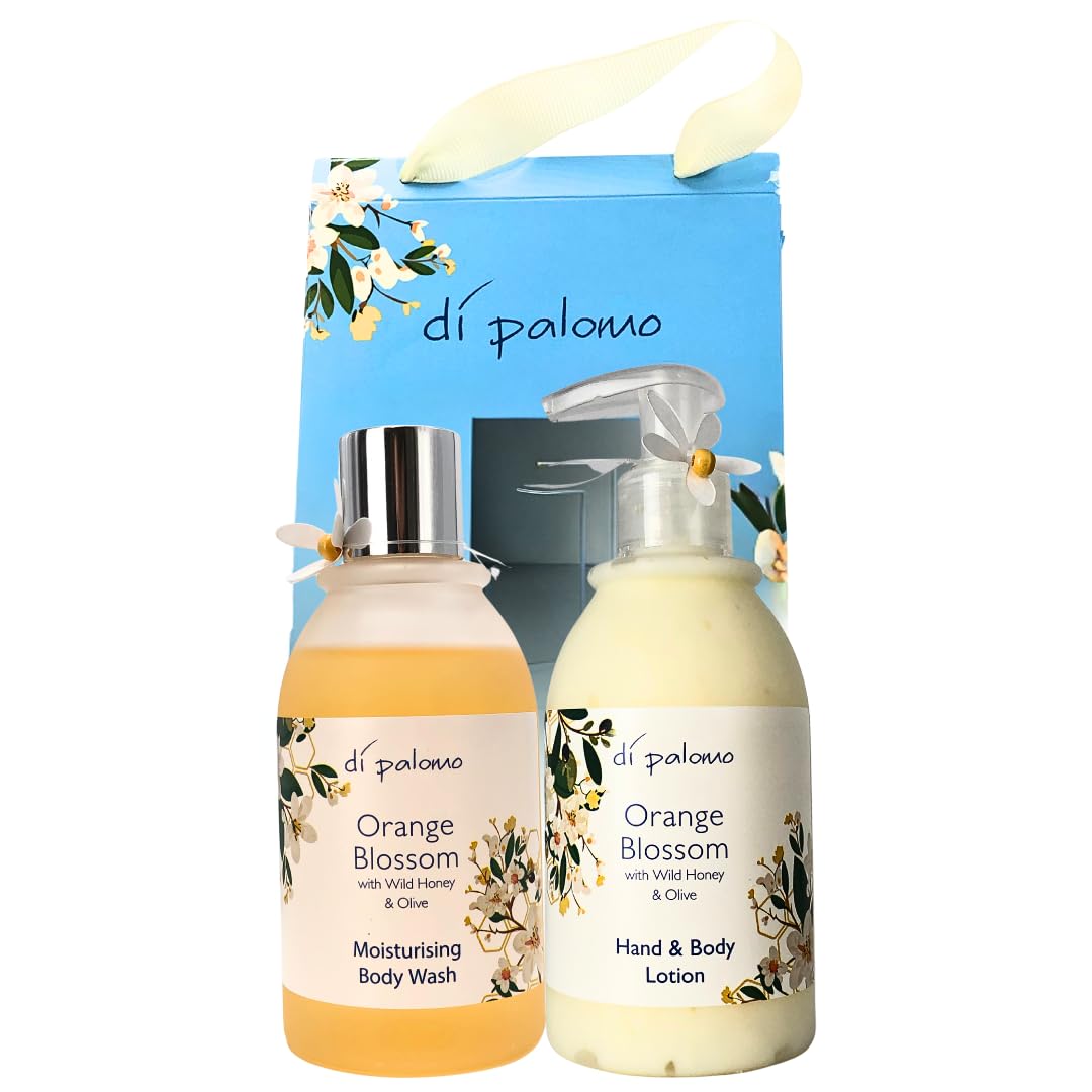 Di Palomo Orange Blossom & Honey Bath & Body Collection. Body Wash & Body Lotion. Moisturising Skin Care Gift Set. Relaxing Gifts for Her. Pamper Gifts for Women. Luxury Gift Sets for Women.