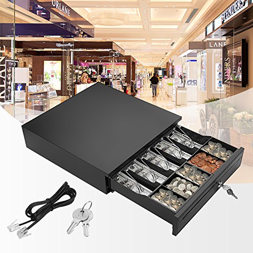 Nurxiovo Cash Register 16" Drawer Box 5Bill/5Coin Portable Money Lock Storage with Removable Tray, RJ11/RJ12 Interface Works Compatible Epson POS Printers Cash Box (Black)