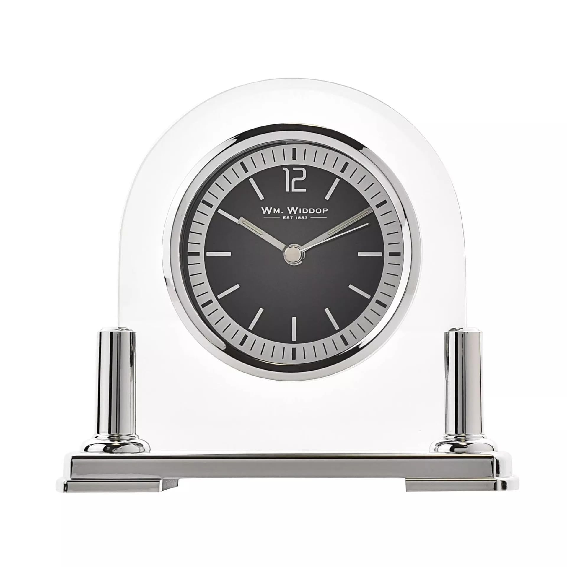 Modern Stylish Glass & Silver Two Tone Quartz Arched Design Mantel Clock by Wm Widdop