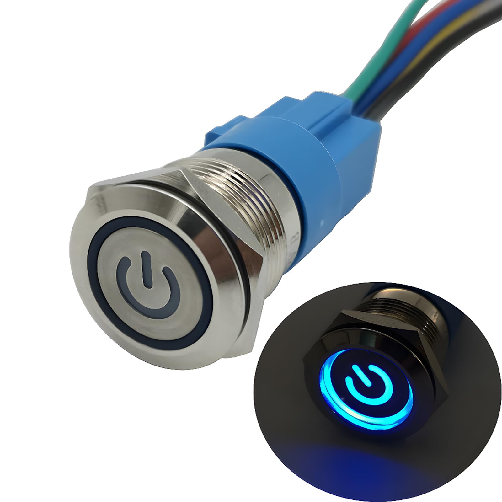 CESFONJER Metal Latching Pushbutton Switch, Waterproof Toggle Switch with Wire Socket Plug, Silver Stainless Steel with Blue LED power symbol for 19mm 3/4" Mounting Hole 12V Power (Blue)