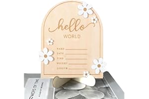 YEEZUNPU Wooden Baby Announcement Sign 7.1 Inch Wooden Hello World for Baby Showers - Newborn Birth Announcement Board, Daisy Wooden Baby Milestone Card, Hello World Hospital Nursery Information Record Board