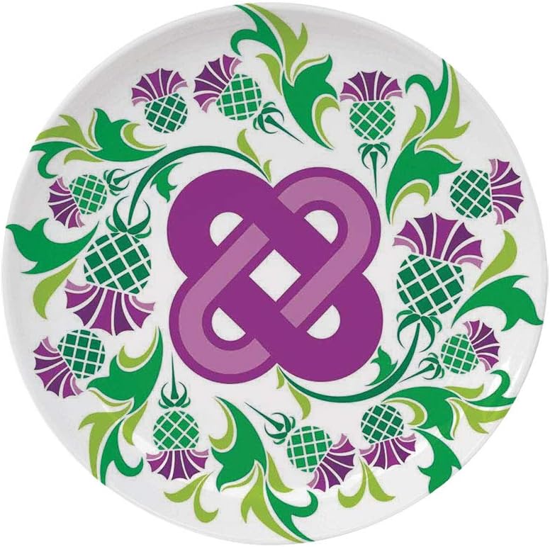 Ylljy00 Celtic 8" Dinner Plate,Eternal Life Symbol Celtic Motif Surrounded with Thistle Flower and Leaves Image Ceramic Decorative Plates,Dining Table Tabletop Home Decor,Purple Green