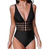 CUPSHE Women's One Piece Swimsuit Tummy Control Bathing Suit Deep V Neck Cut Out Mesh Adjustable Straps