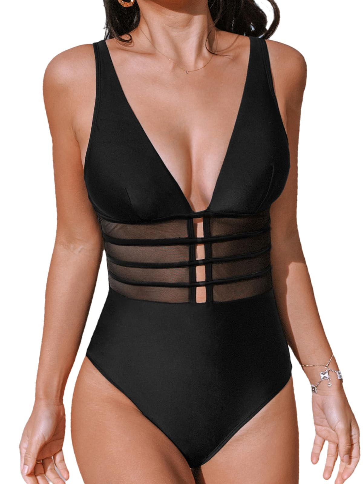Photo 1 of CUPSHE Women's One Piece Swimsuit Tummy Control Bathing Suit Deep V Neck Cut Out Mesh Adjustable Straps, L Black