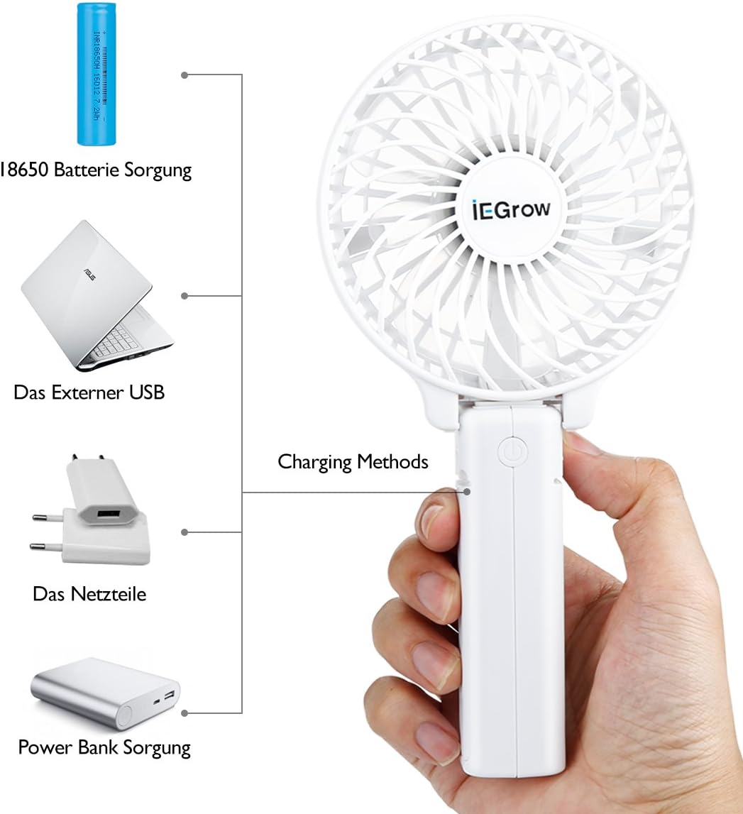 iEGrow Handheld Fan, Portable USB Mini Travel Fan with 2000mAh Rechargeable Battery, 3 Speeds Desk Fan for Home Office and Travel-White - Image 4