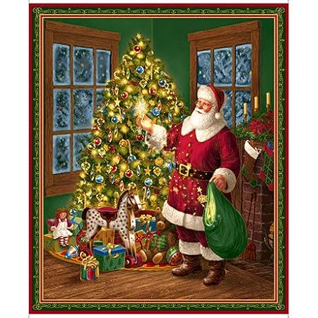 Stoffbahn mit Weihnachtsmännern und Christbäumen, QT77, 90 x 110 cm, 100 % Baumwolle, von Quiting Treasures