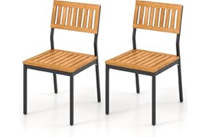 Tangkula Patio Armless Dining Chair Set of 2, Outdoor Acacia Wood Chairs with Metal Frame, All-Weather Bistro Chairs, for Ind