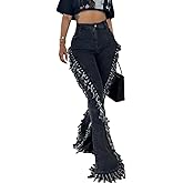 Tbahhir Women Flare Jeans wtih Distressed Fringes High Waisted Patchwork Denim Pants Frayed Bell Bottom Skinny Stretch