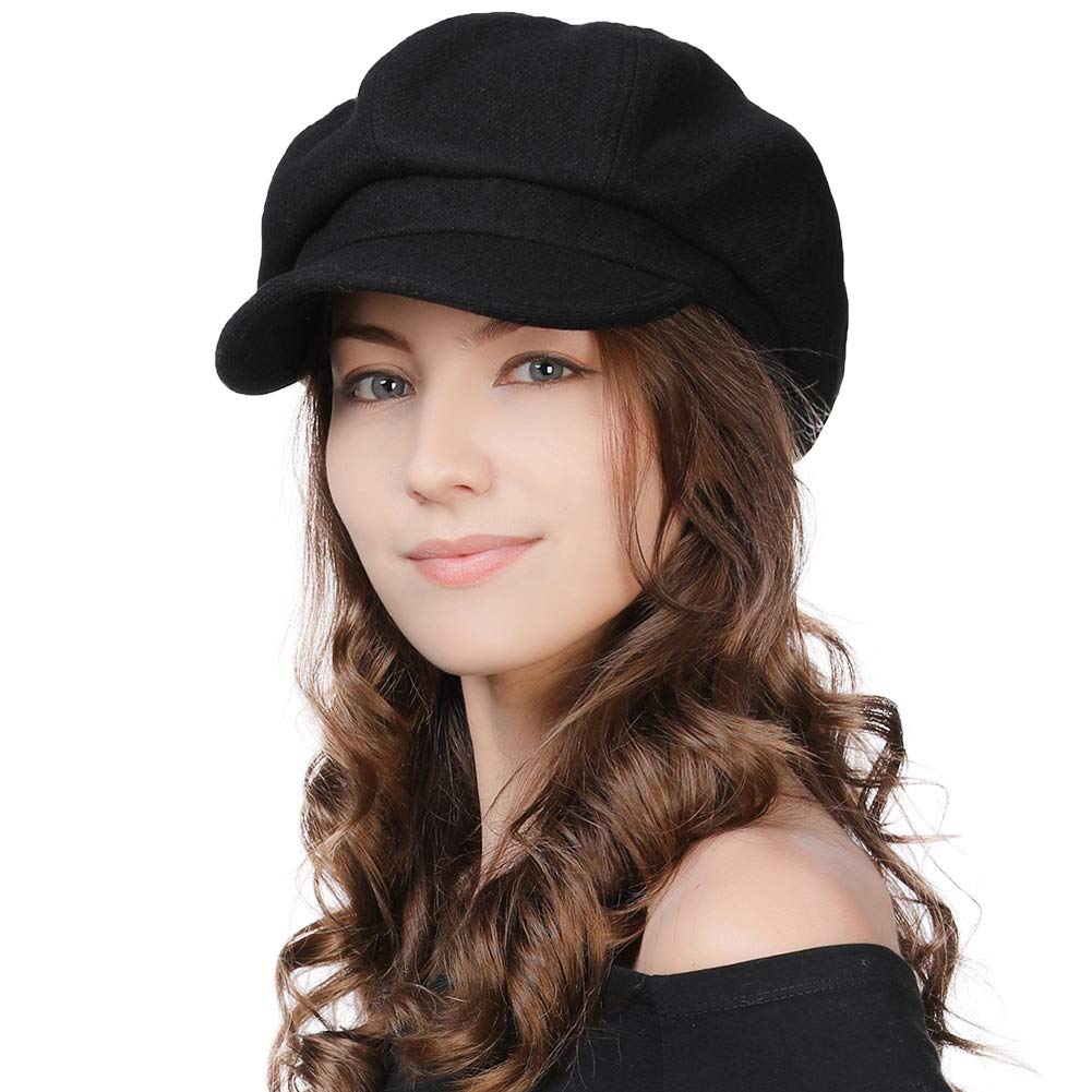 Fancet Womens Visor Beret Newsboy Hat Cap for Ladies Merino Wool Winter Thick Lining Black