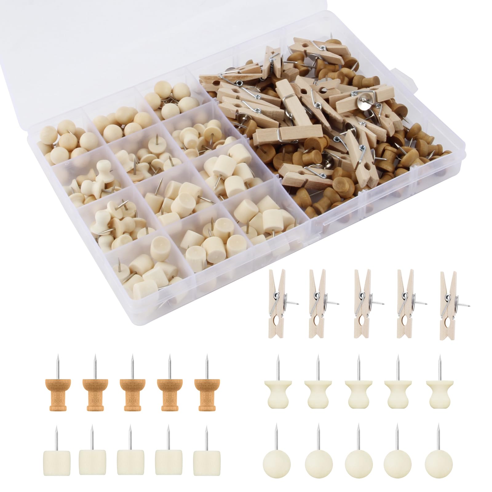 200 STK Pinnwand Pins,Pinnadeln Set Pinnadeln Holz Klein Reißzwecken 5 Stile Reißnägel Mini Reisnägel Pinnwandnadeln Holzklammer mit Box Reiszwecknadeln für Handwerk Korkplatte Fotos Postern Pinadel