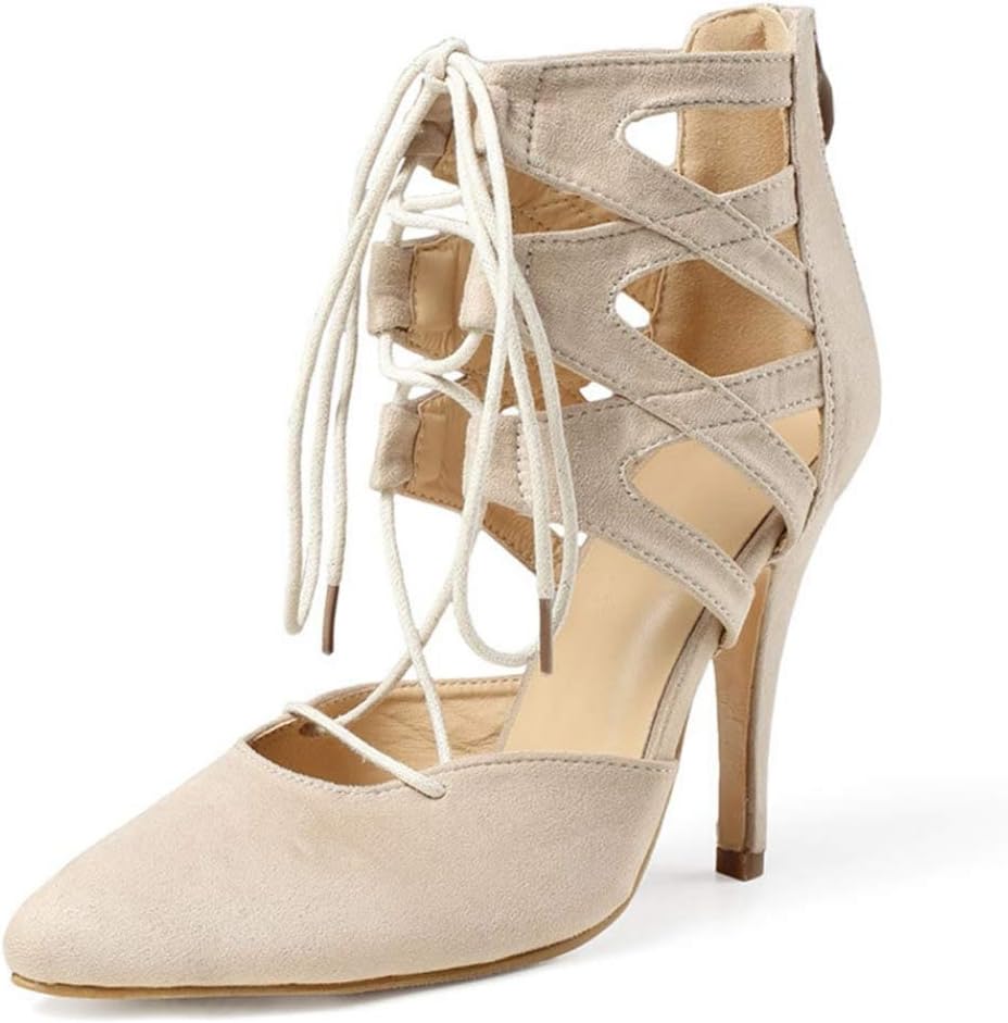 CYBLING Womens Point Closed Toe Stilettos Pumps Faux Suede High Heels Strappy Lace Up Dress Sandals Shoes