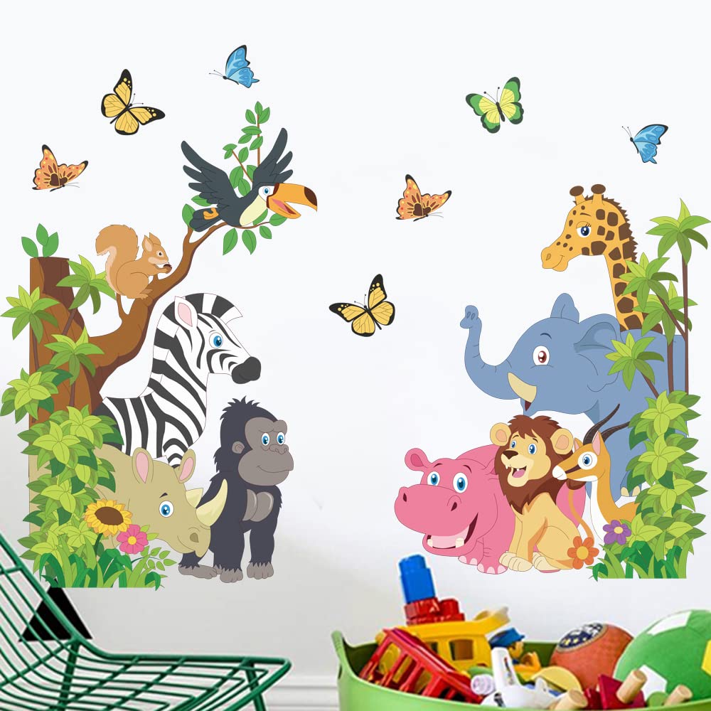 Runtoo Jungle Animals Wall Decals for Kids Elephant Zebra Tree Door Stickers Girls Bedroom Baby Nursery Wall Decor