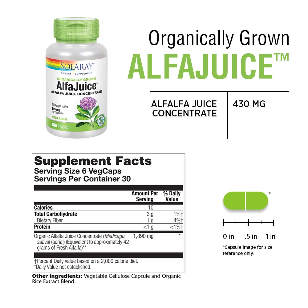 Solaray Organically Grown AlfaJuice 315 mg | Alfalfa Juice Concentrate | Naturally Occurring Vitamins, Minerals, Chlorophyll & More | 180 VegCaps: Health & Personal Care
