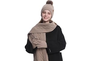 2THESTARS Women's Winter Hat Scarf Gloves Set, 3-Piece Knitted Set with 3D Cube Pattern, Fleece Lining, Touchscreen Gloves