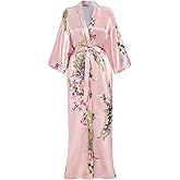 Women's Long Satin Robes Lightweight Silky Bathrobe Peacock and Floral Printed Wedding Party Dressing Gown