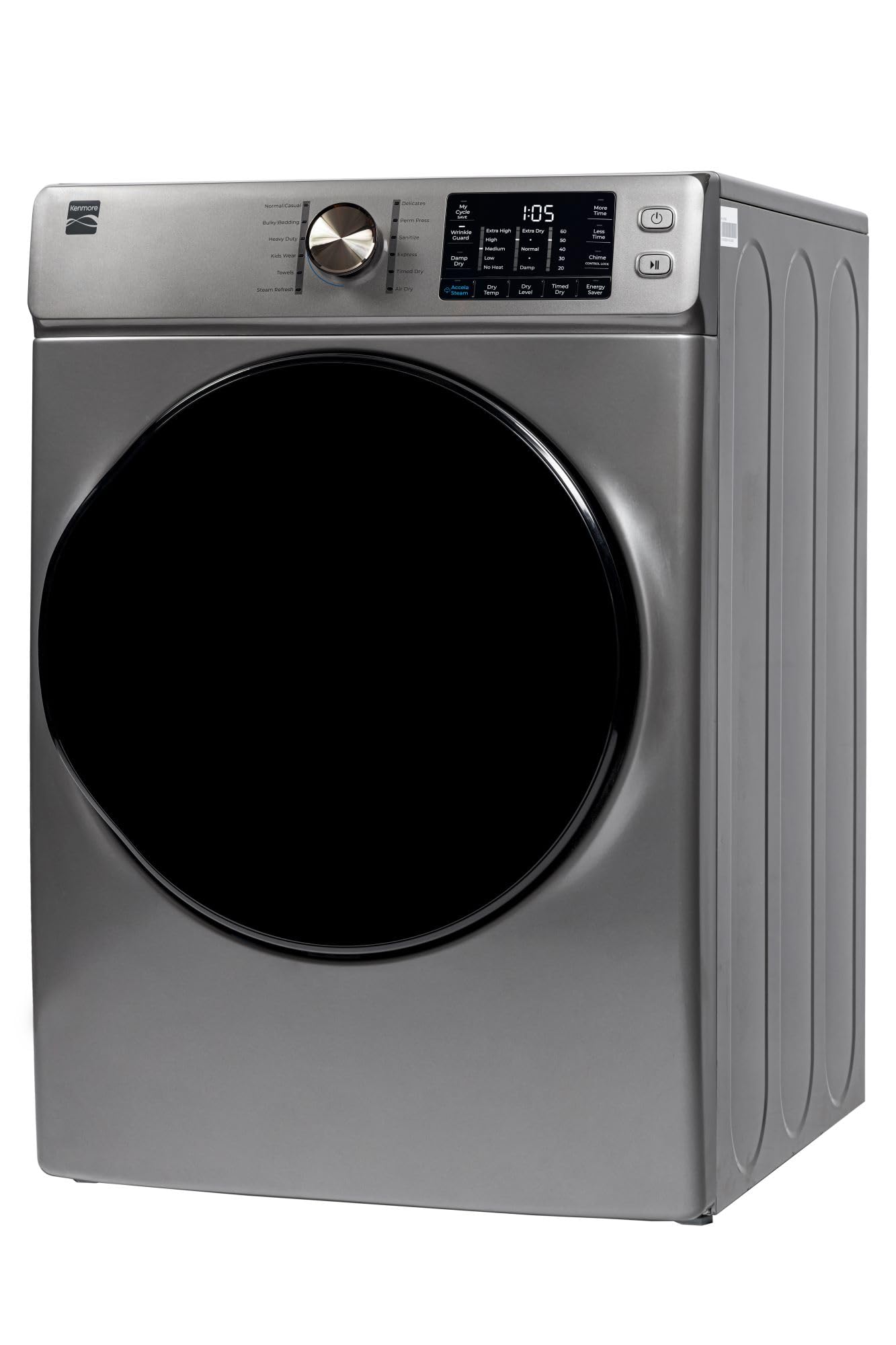 Kenmore 8.0 cu. ft. Front Load Gas Dryer - Wrinkle Guard with Accela Steam to Reduce Static and Odors - Sanitize & Smart Sensor Drying - LED - Metallic Silver