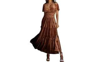 R.Vivimos Women's Fall Winter Vintage Velvet Dress Short Sleeve V Neck Elastic Waist Tiered Ruffle A-Line Flowy Maxi Dress