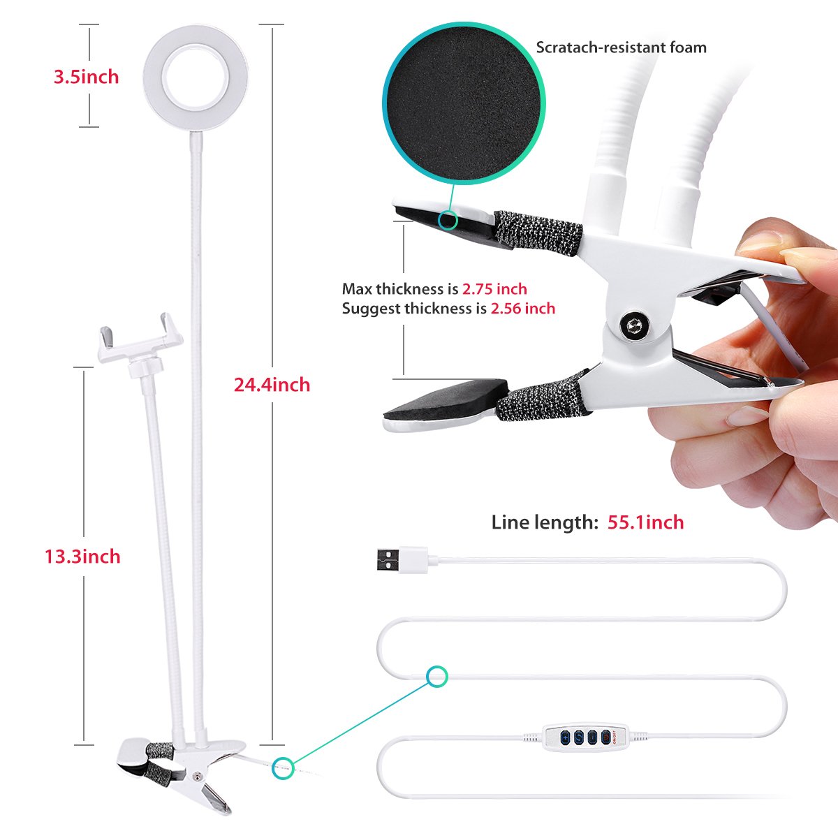 Reeple Selfie Ring Lamp Cell Phone Holder 48 LED Lamp for Live Stream Makeup, Flexible Mobile Phone Clip Holder Lazy Bracket Desk Lamp for Bedroom, Office, Kitchen, Bathroom