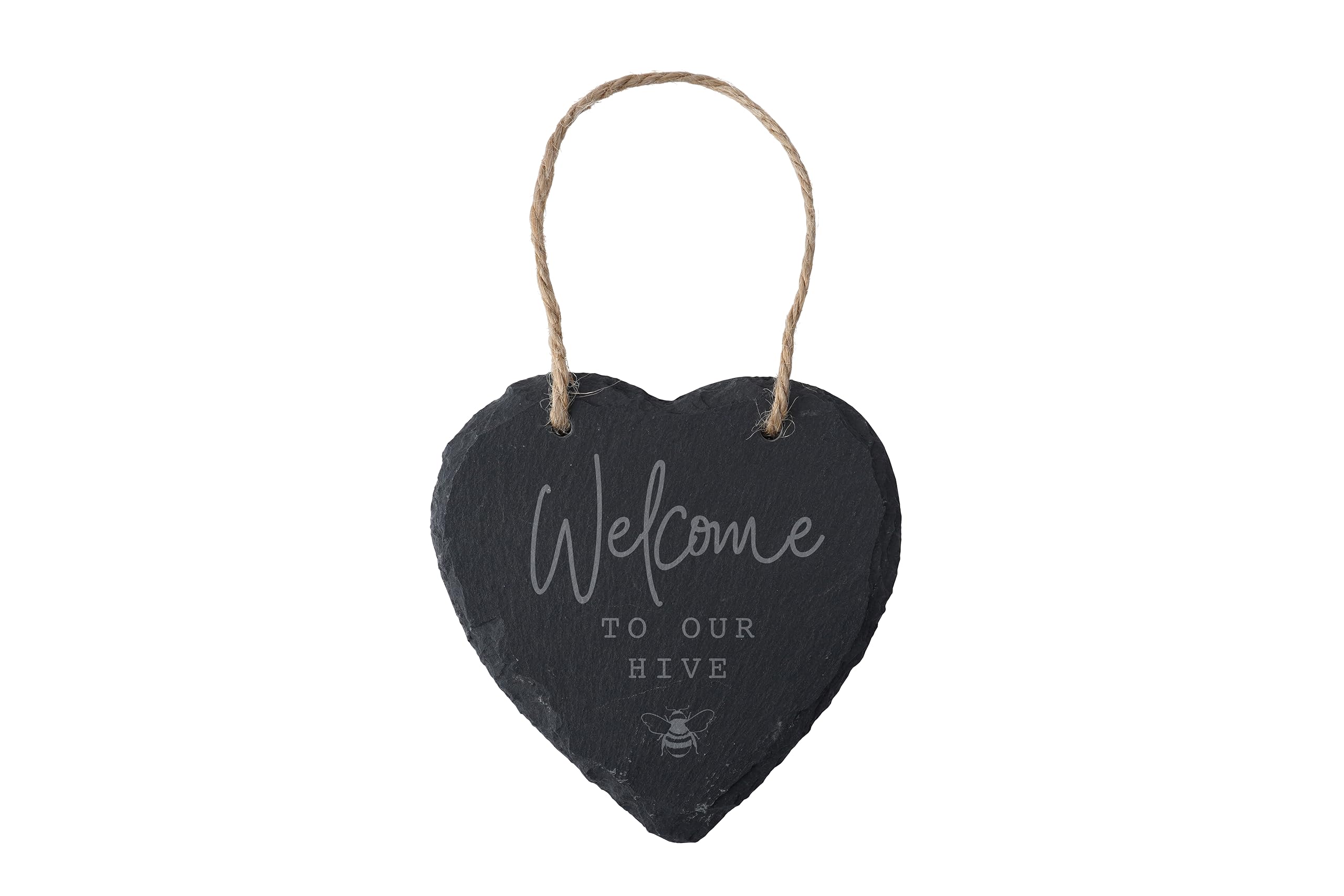 CGB Giftware | Rustic Slate Heart Hanger With Slogan 'Welcome To Our Hive' | Jute Ribbon Hanger | GB07546