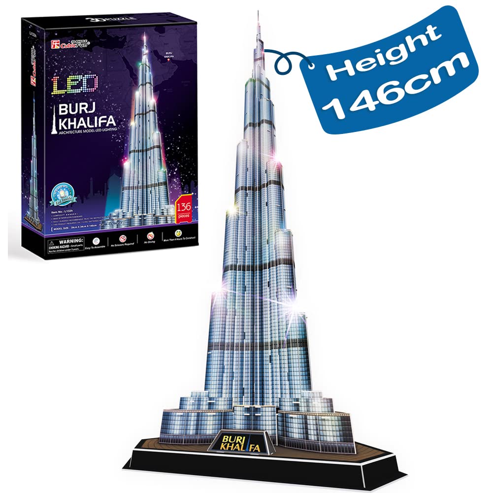 CubicFun 3D Puzzles for Adults Dubai Burj Khalifa Night Edition 146CM with Multi-Colored Lights, Architecture Model Building Kit Toys for Adults and Kids 136 Pieces — image 1