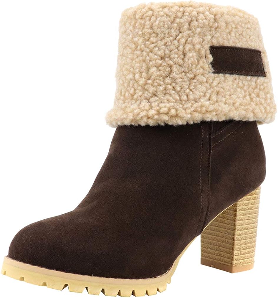 Alsoloveu Womens Fold Over Fur Lined Stacked Chunky Heel