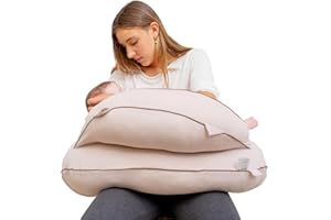 Pharmedoc Nursing Pillow for Breastfeeding - Breast Feeding Pillows with Safety Bumper & Adjustable Waist Straps - Removable Cover, Mocha - Baby Essentials for Newborn - Full Support for Mom & Baby