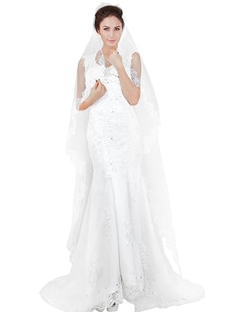 Yean Bridal Hair Veil With Lace Edge Floor Length Veils Wedding