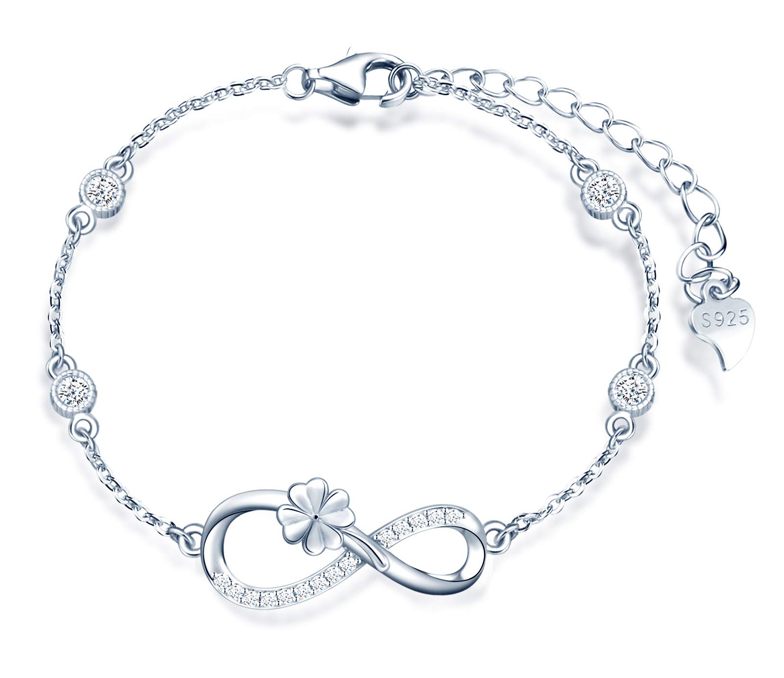 MicLee Woman's girl's Bracelet, 925 Sterling Silver bracelet, Lucky Clover and infinity symbol bracelet, Inlaid with zircon, adjustable chain, Unique design bracelet, silver — image 1