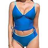 RIHOAS Womens Tankini Bathing Suits, Two Piece Swimsuit Cute Tankini Deep V Neck Strap Color Block Swim Suit