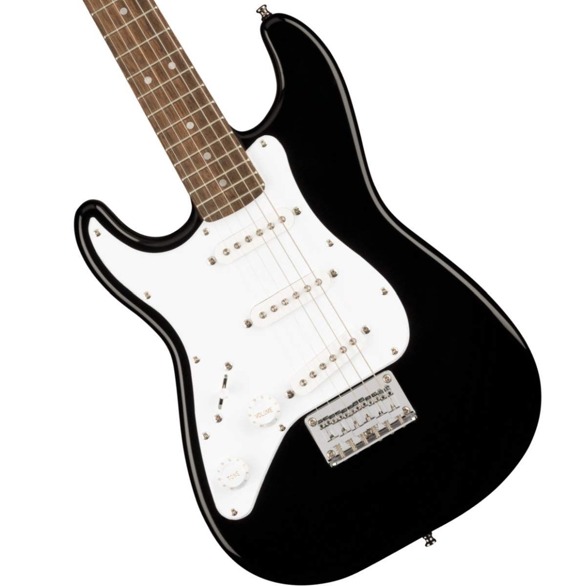 Guitarra eléctrica Squier Mini Stratocaster, con 2 años de garantía, negra, diapasón de laurel, para zurdos