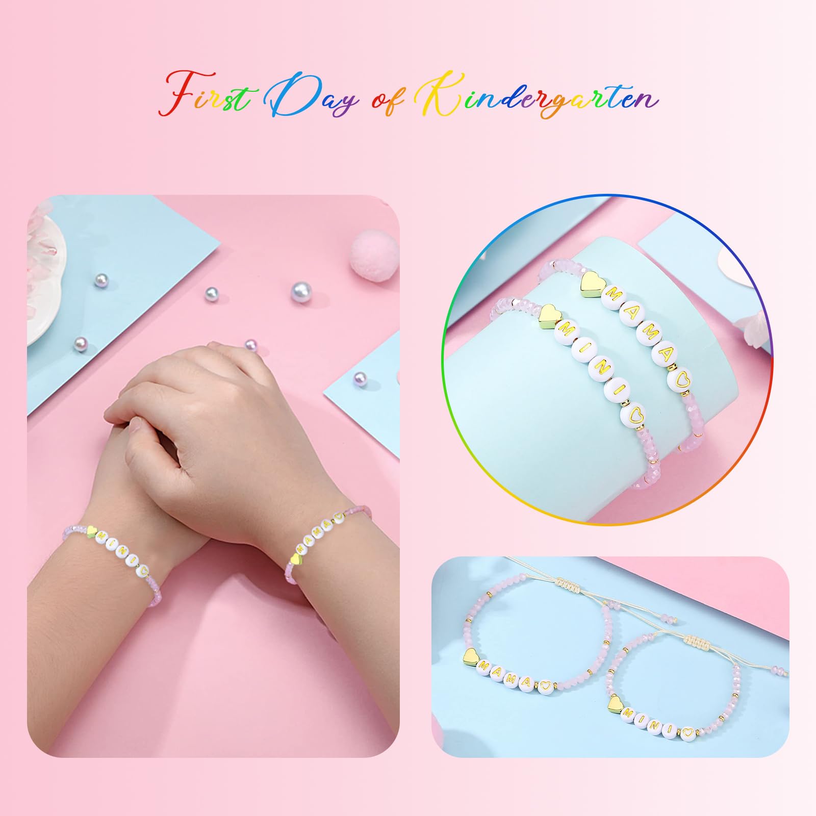 Egowry Mother Daughter Bead Bracelet Set for 2, Mommy and Me Matching Bead Bracelet, Mama and Mini Matching Heart Bracelets for Mom Daughter Valentines Mother's Day Gift