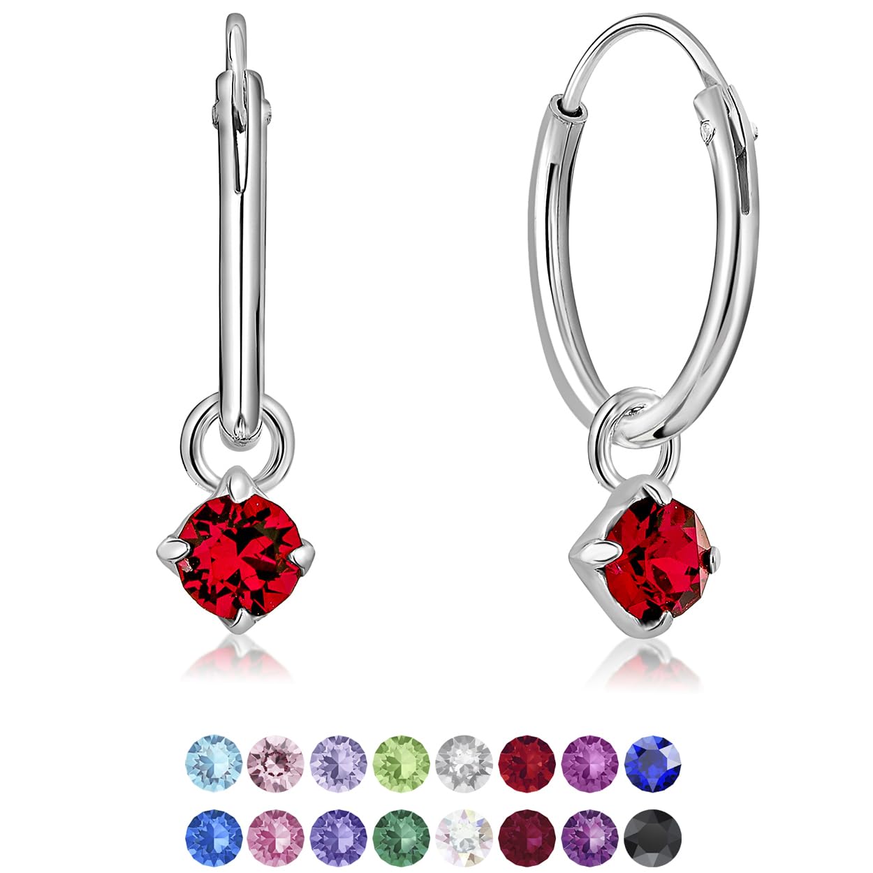925 Sterling Silver Small Hoops Earrings with Dangling Heart in Glittering Crystals 3 mm - Faux Ruby Heart Earrings - Thickness 1.5 mm - Diameter: 14 mm
