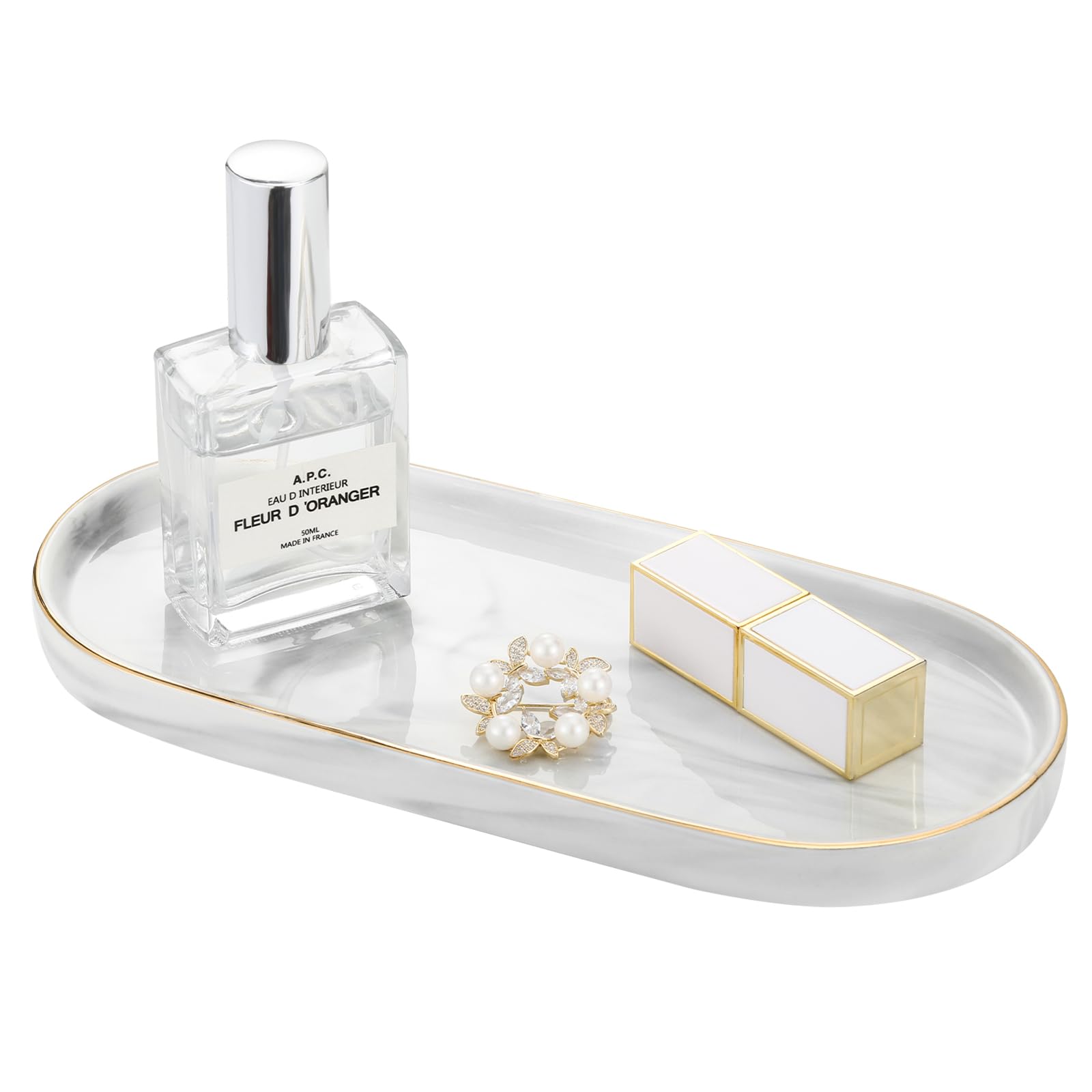 Luxspire Bathroom Vanity Tray, Marble Ceramic Dresser Jewelry Dish with Golden Rim, Decorative Tray Countertop Sink Storage Holder Organiser for Soap Candles Perfume Cosmetic Home Decor, Marble White