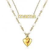 LETFLY Heart Mom Necklace for Women, 18K Gold Plated Layered Heart Mama Pendant Necklace, Jewelry Gifts for Mom