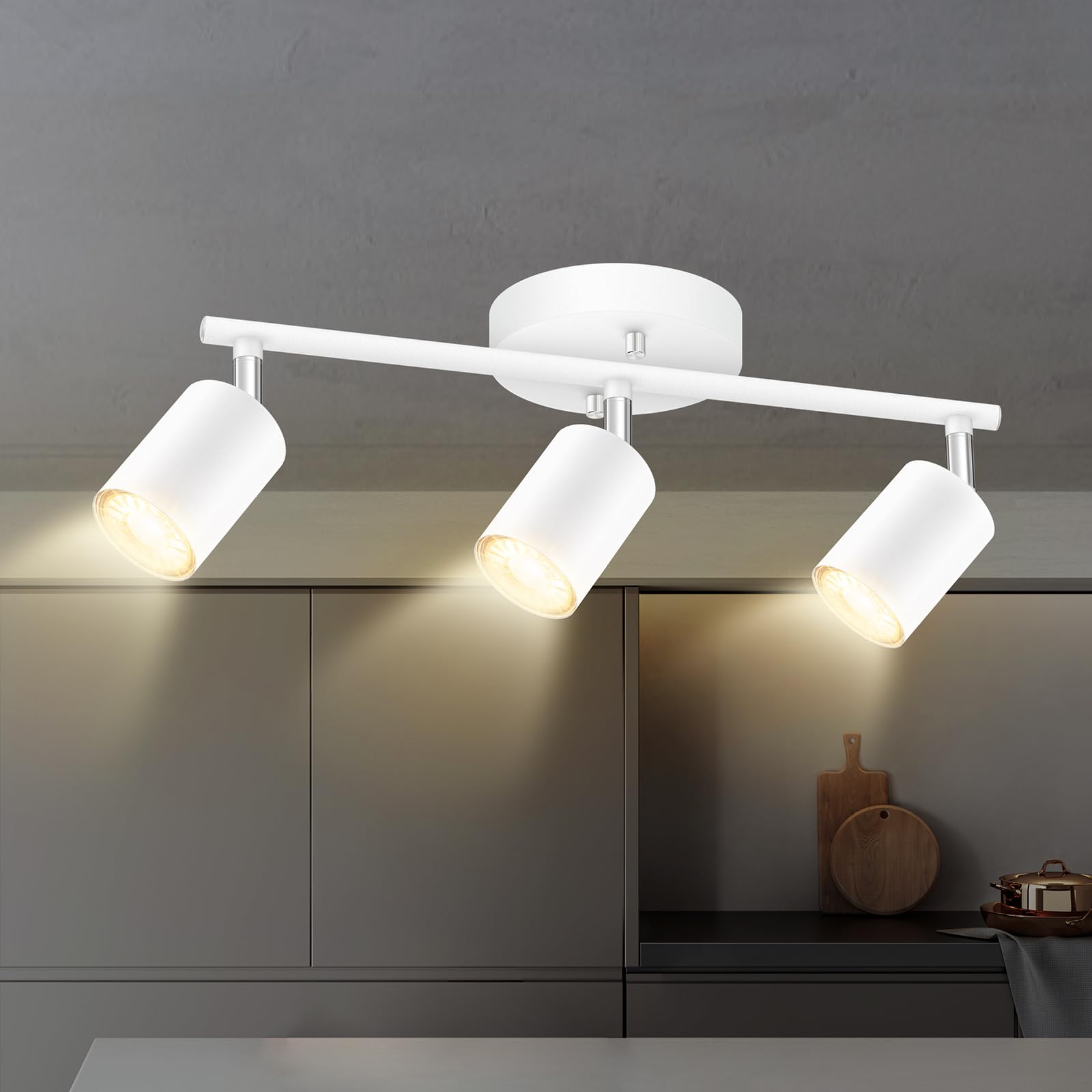 Photo 1 of White Track Lighting, 3 Light Track Lighting Kit, White 3 Way Modern Ceiling Spotlight, Flexibly Rotatable Light Head, Industrial LED Track Light Kit for Kitchen Cabinet Gallery Bar Living Room