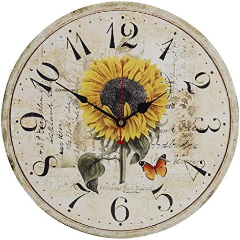 Old Oak 16-Inch Rustic Country Style Large Decorative Wall Clock Silent Non-Ticking Round for Kitchen Living Room Bathroom Bedroom Home Wall Decor with Sunflower
