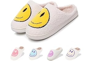 LINWIND Fuzzy Slippers for Women Men, Cute Retro Fluffy Happy Face House Slippers, Plush Memory Foam Slippers for Women Indoor and Outdoor Cozy Trendy Slip-On Shoes