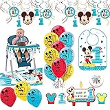 Mickey Mouse First Birthday Fun To Be One 1st Birthday Party Supplies Decoration Pack Includes: Hanging Swirl Decorations, Baby Bib, Birthday Candles, Balloons, and a High Chair Decoration Kit!