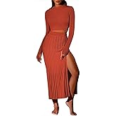 Pink Queen Women's 2 Piece Sweater Outfits Set Long Sleeve Crop Top Ribbed Split Bodycon Midi Long Skirt Knit Dresses