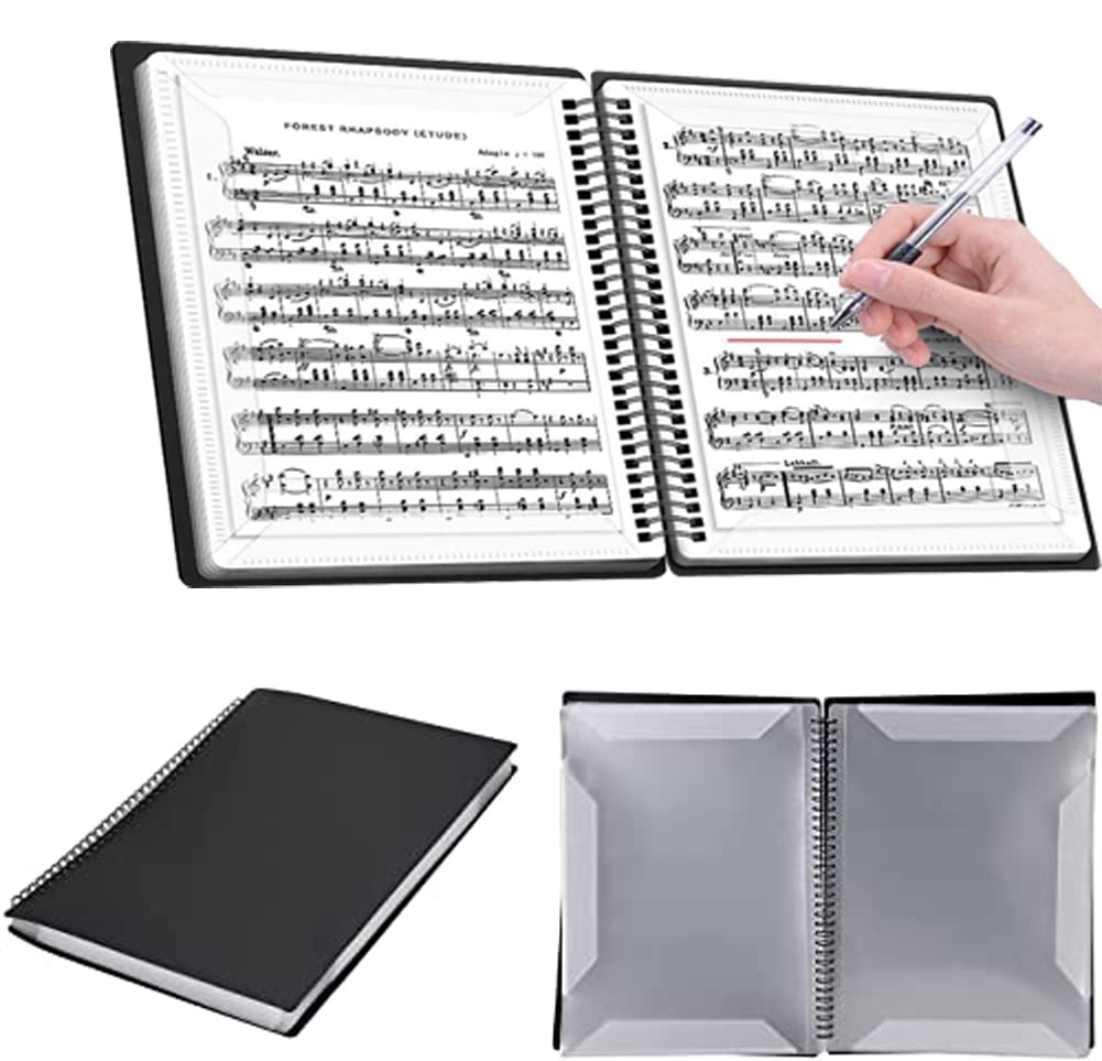 A4 Sheet Music Folder File Storage Organizer Black Plastic folders with Pockets for Artist Sheet Music Piano Score Choir Band Concert Drawings Documents, 60 Pages