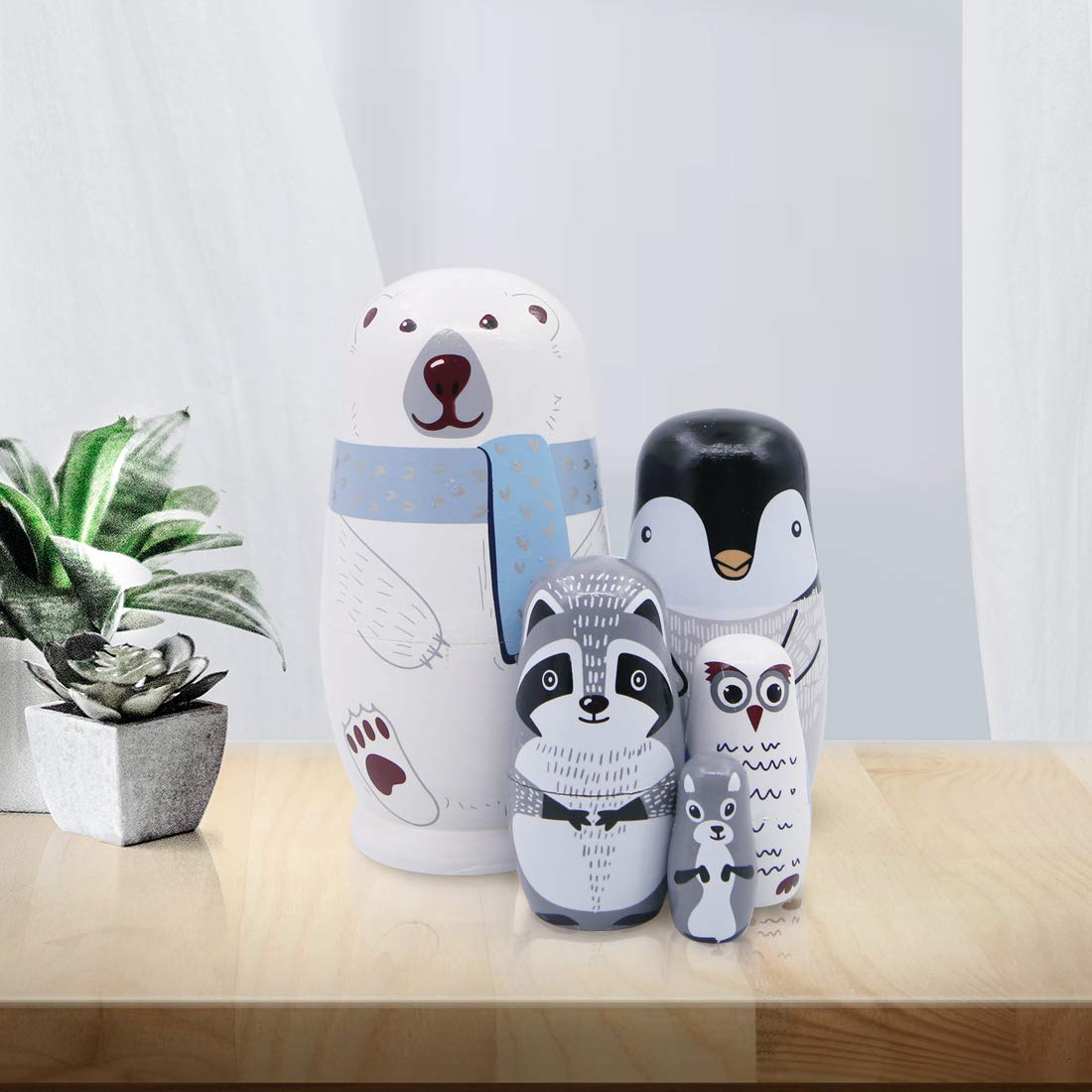 Winterworm 5 Piece Set Polar Bear Penguin Owl Matryoshka Nesting Dolls Stacking Toys Russian Dolls Home Decor New Year Birthday Party Decoration