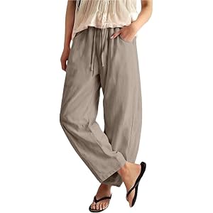 HYYGOCCTV Women Drawstring Waist Linen Barrel Cropped Pants Lightweight Baggy Wide Leg Tapered Trousers with Pockets