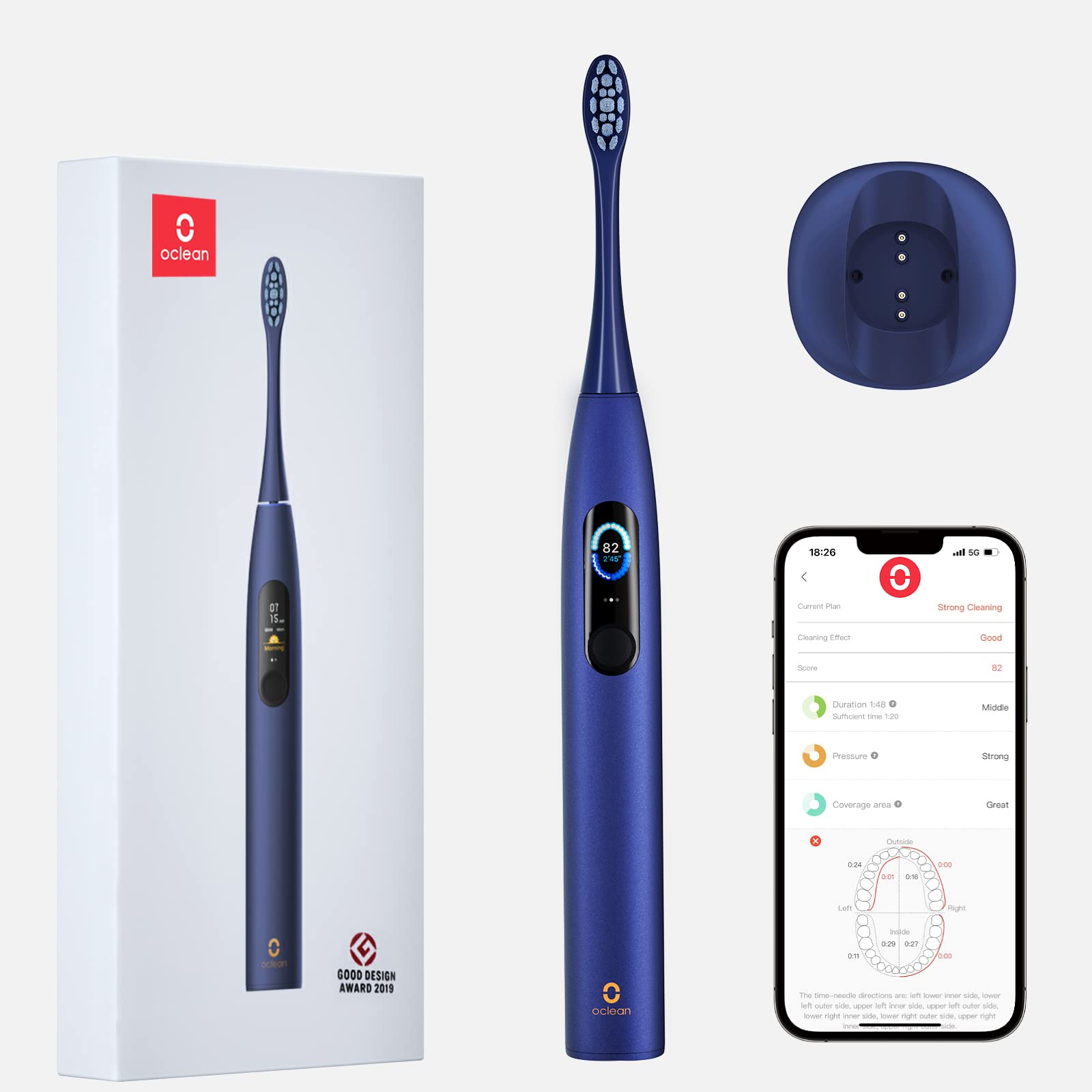 Oclean X Pro, Smart Electric Toothbrush, 3 Modes with Whitening, Quick Charge for 30 Days, Anti-Mould Design, IPX7 – Blue